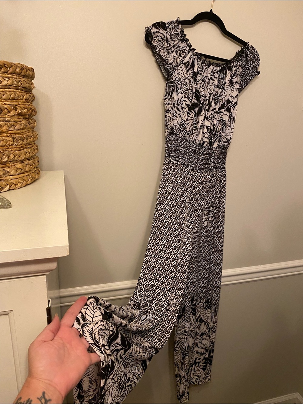 Black & White Printed Smocked-Waist Jumpsuit